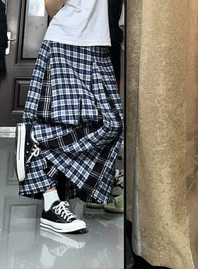 美式复古格子撞色气质a字裙高腰半身裙夏季百褶毛边拼接休闲长裙