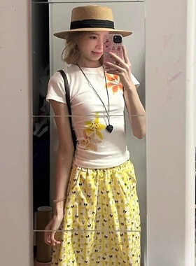 黄色格子印花半身裙女夏季高腰碎花裙子松紧腰宽松显瘦a字中长裙