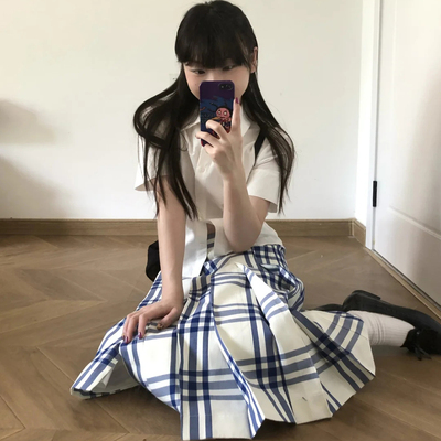 laugh out loud清新大蓝格一片式百褶可调节半裙夏季高品质中裙潮