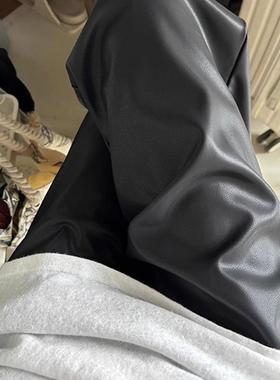 美式复古黑色PU皮裤子设计感高级cleanfit窄版直筒裤女秋冬休闲裤