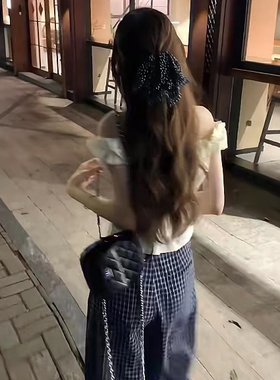 JAMUUS夏日限定蓝色格子休闲裤女高腰透气薄款宽松阔腿裤子