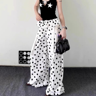 invertebrate无脊椎 波点美式复古休闲裤女夏蝴蝶结阔腿拖地长裤