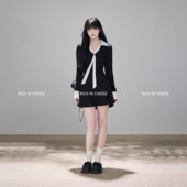 法式 RICHINCHEESE 巴黎街头 领结系带撞色设计针织弹力收腰连衣裙