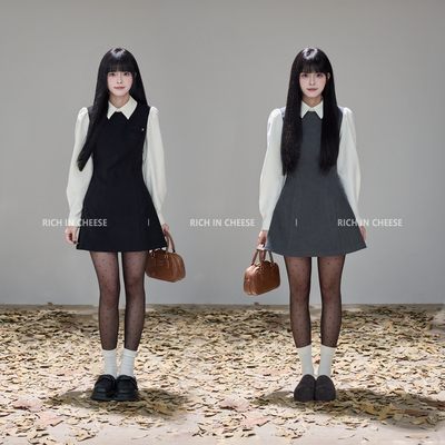 黑白撞色假两件磨毛显瘦连衣裙