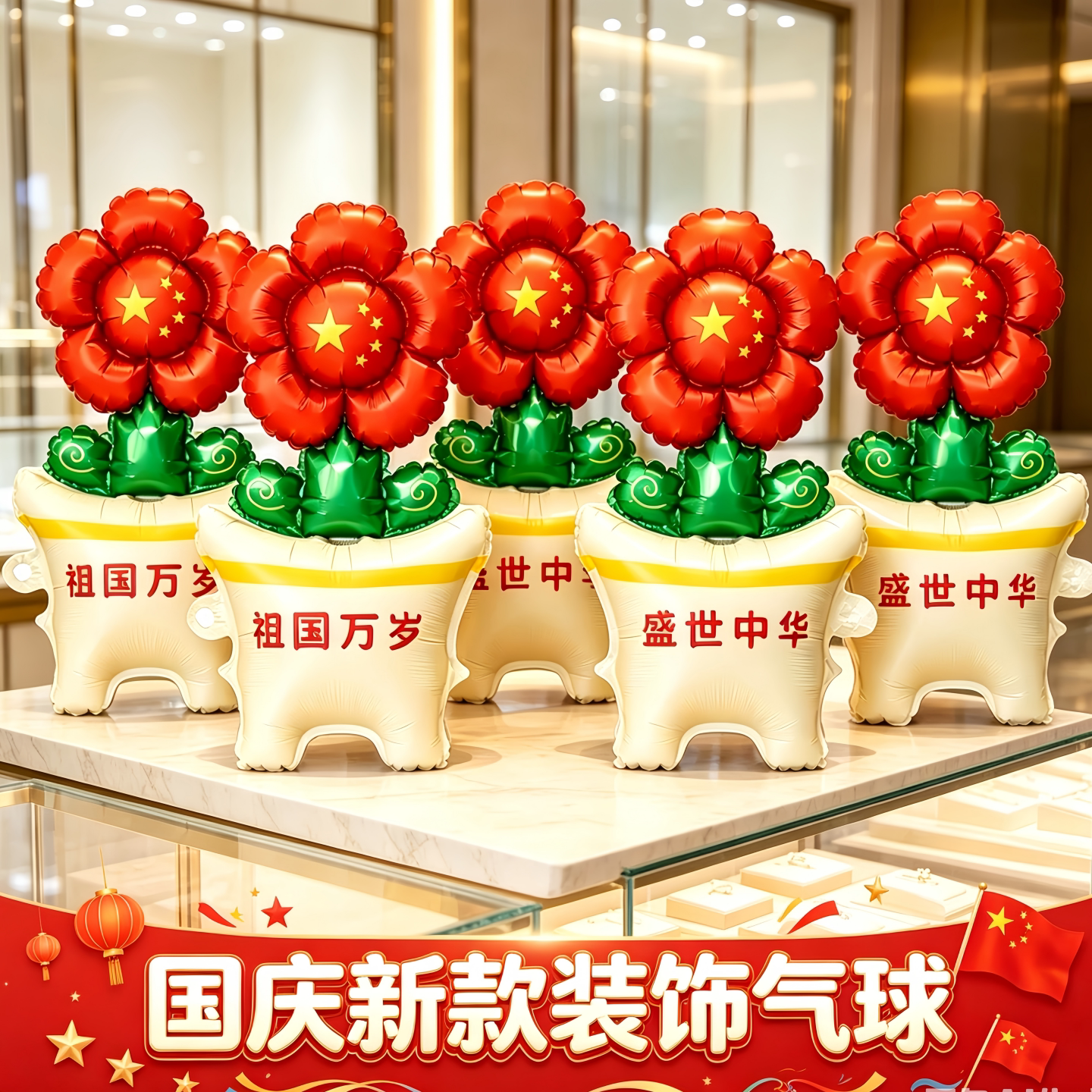 10.1中秋国庆桌面桌摆花盆站立气球台面装饰布置商场柜台路引气球