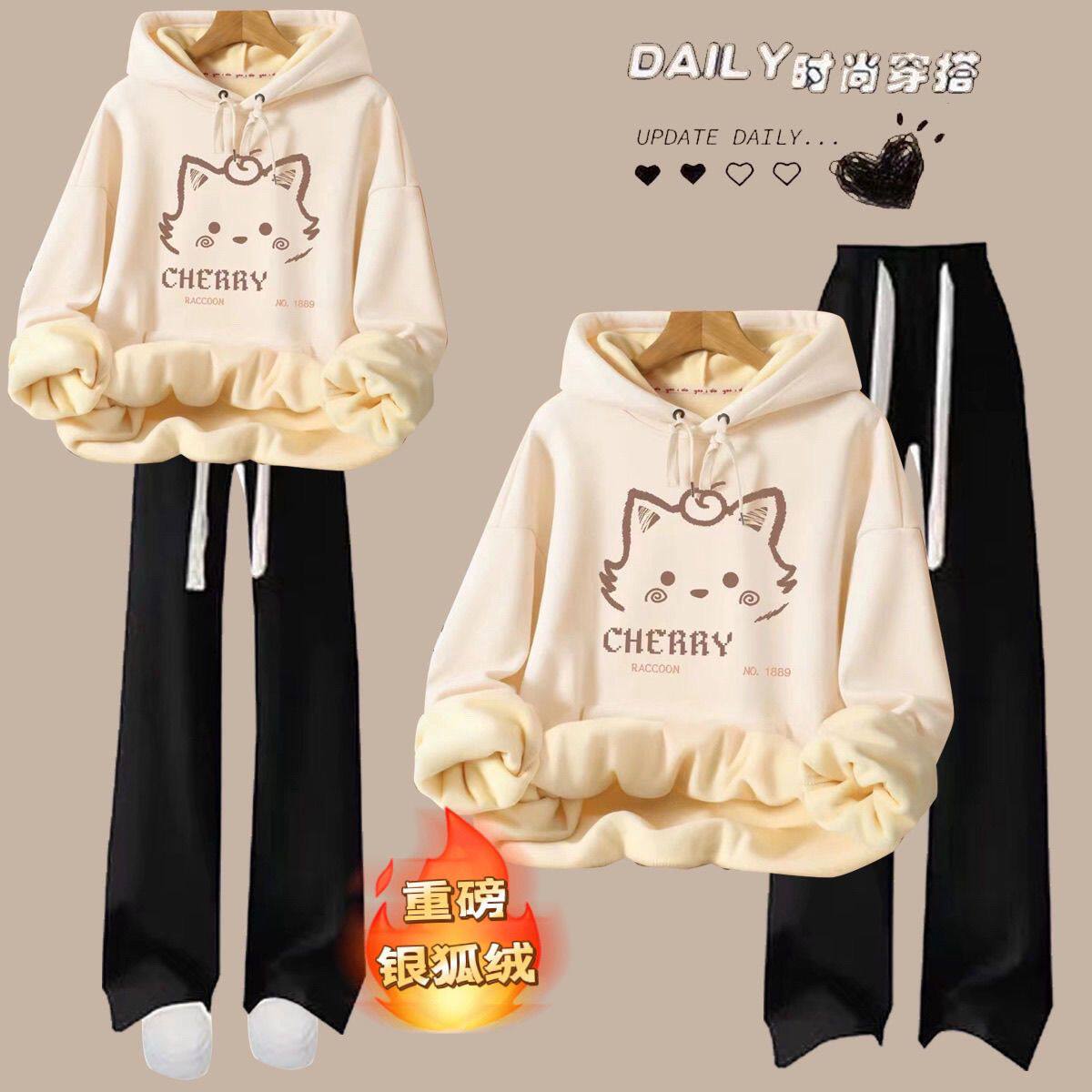 2025爆款银狐绒连帽卫衣女秋冬加绒加厚慵懒风休闲直筒裤两件套潮