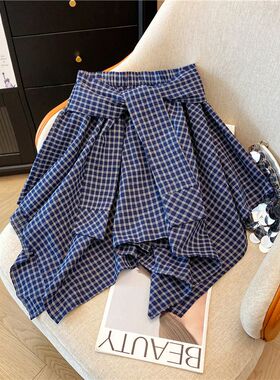 蓝色不规则格子半身裙子女2025夏季新款a字短绑带衬衫高腰蓬蓬裙