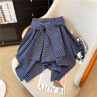 蓝色不规则格子半身裙子女2025夏季新款a字短绑带衬衫高腰蓬蓬裙