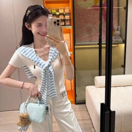 白色条纹披肩短袖针织衫女夏季薄款法式修身显瘦气质短款v领上衣
