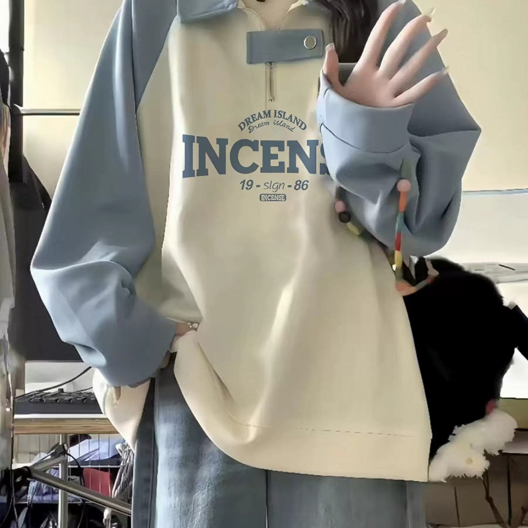 半拉链插肩polo领卫衣女大童秋冬加绒加厚初中高中大学生宽松上衣