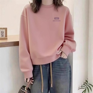 长袖 粉色卫衣女圆领2025新款 薄款 秋冬加绒加厚上衣春秋季 外套 爆款