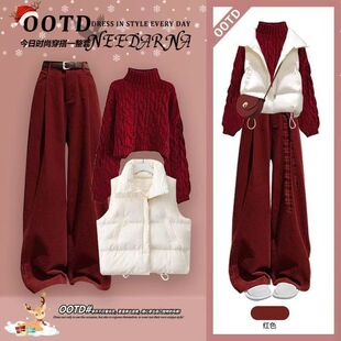 冬季套装2025新款学院棉服马甲红色毛衣加绒阔休闲裤三件套
