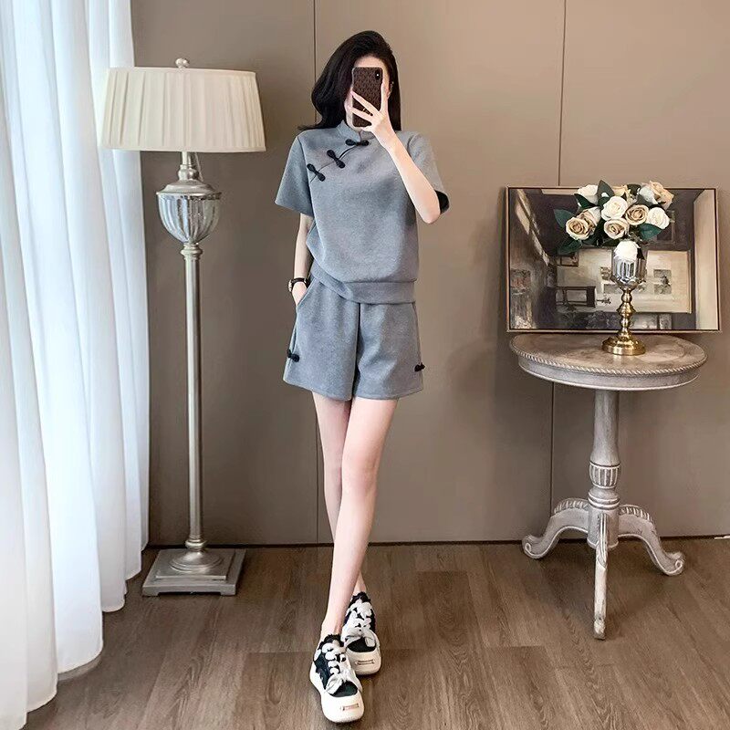 休闲运动短袖套装女夏季小个子洋气时尚中式盘扣卫衣短裤两件套夏