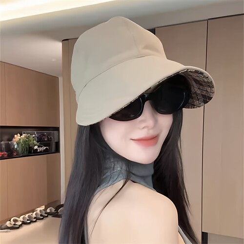 春夏韩版格纹双面防晒渔夫帽女