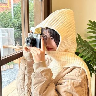 华夫格饼干 两用情侣围巾 连帽披肩帽子围巾两件套纯色保暖秋冬季