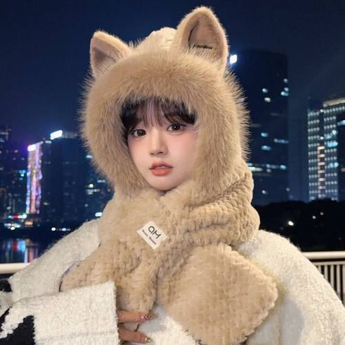 冬季女款狐狸毛绒帽子围巾一体