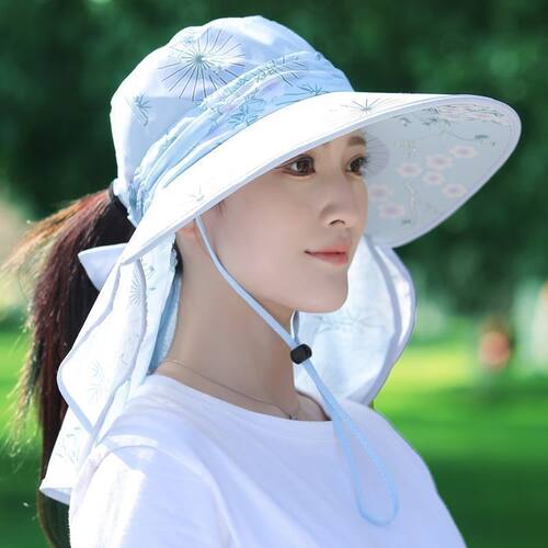 夏季凉帽女大沿面罩冰丝防紫外线遮脸太阳帽采茶骑行遮阳帽面纱帽