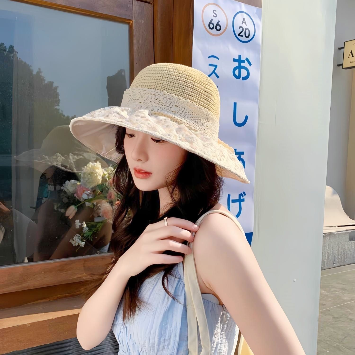 渔夫帽海边防晒遮阳帽蕾丝花边帽