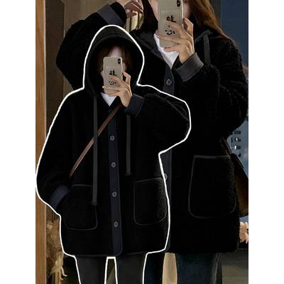特大码胖mm黑色加厚保暖羊羔毛棉衣女韩系学院风减龄百搭开衫外套