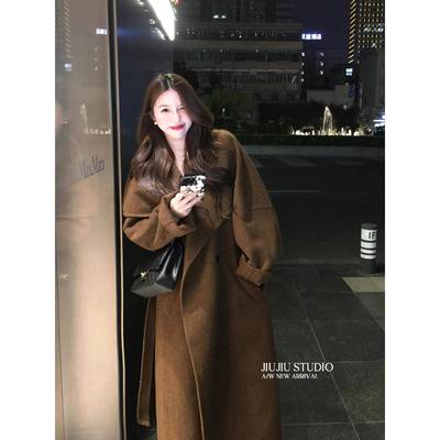 大翻领驼色双面羊毛大衣女2025秋冬季新款中长款羊绒毛呢呢子外套