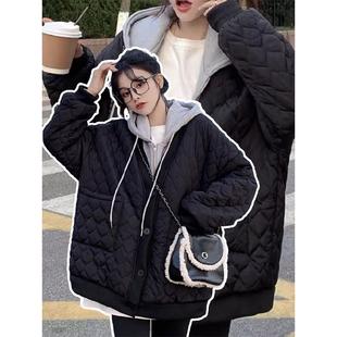 学生休闲百搭保暖棉衣外套 灰色假两件棉服女秋冬新款 胖mm大码 女装