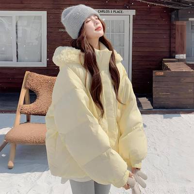 胖mm大码女装简约慵懒风连帽棉服女冬季新款黄色甜美风面包服外套
