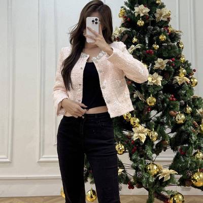 南油欧货轻奢小香风粉色短款粗花呢外套重工钉珠高级感小个子上衣