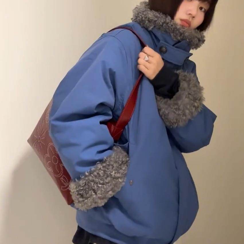 美式复古蓝色毛毛拼接夹克外套女秋冬季设计感加厚保暖棉服派克服