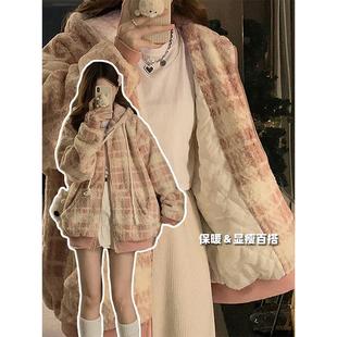 胖mm大码 粉色毛绒棉服女春秋学院风加厚棉衣胖mm格子连帽外套 女装