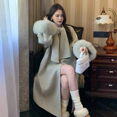 羊毛双面呢大衣女秋冬加厚高级感毛呢中长款羊绒外套真狐狸袖口毛