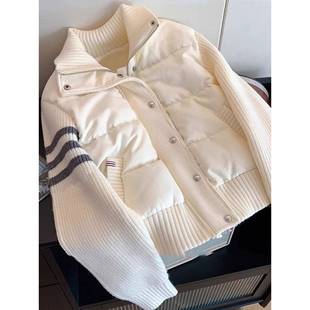 大码 胖mm韩系针织拼接棉服外套女胖mm休闲百搭慵懒风立领上衣 女装