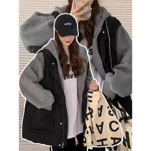 胖mm时尚 假两件连帽铺棉外套女春秋新款 撞色显瘦棉衣外 女装 大尺码