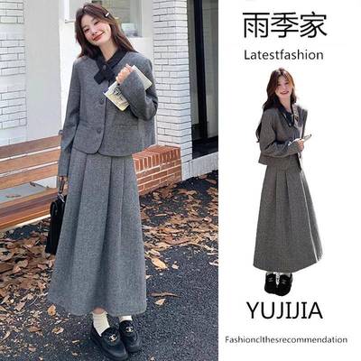 胖mm时尚显瘦小香风套装女大码秋冬新款灰色毛呢外套半身裙两件套