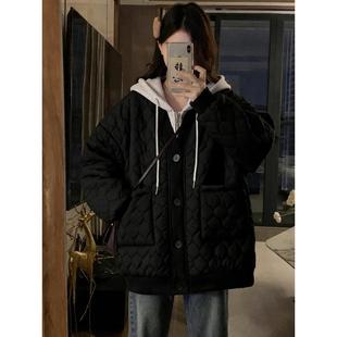 特大码 胖mm设计感百搭菱格连帽棉服女假两件宽松加厚保暖外套 女装