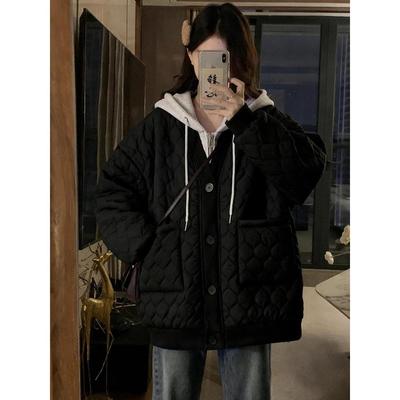 特大码女装胖mm设计感百搭菱格连帽棉服女假两件宽松加厚保暖外套