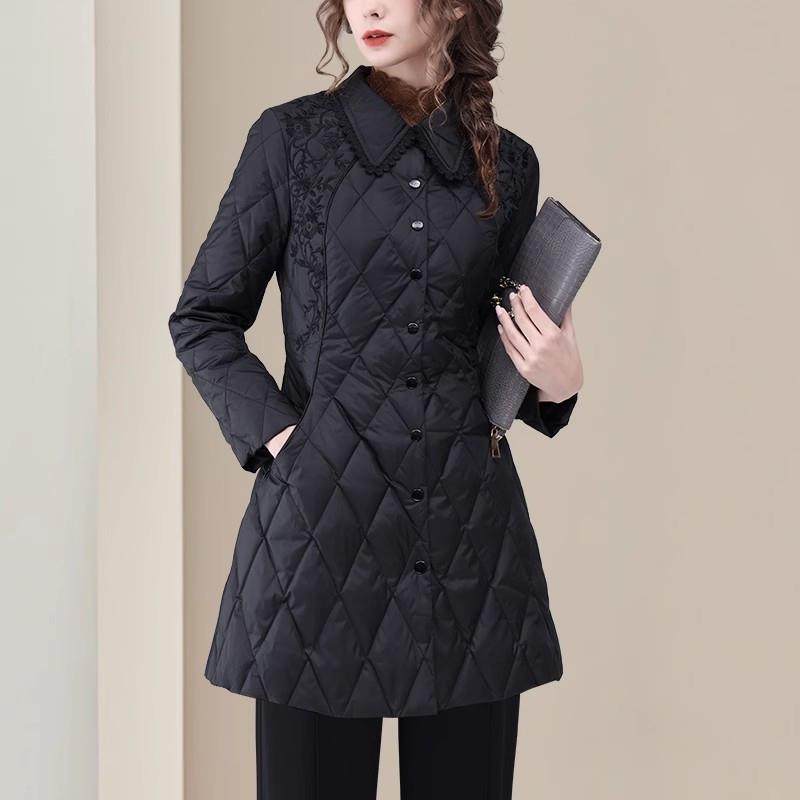 新中式国风刺绣衬衫羽绒棉服女2024秋冬轻薄款中长款收腰显瘦外套