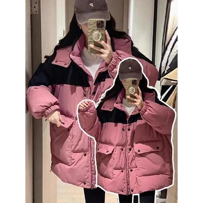 300斤胖mm学院风撞色连帽羽绒棉服女大尺码女装加厚保暖玫红色外