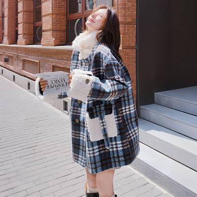 胖mm特大码蓝色格纹拼接羊羔毛外套女冬季加厚保暖高级感毛呢外套