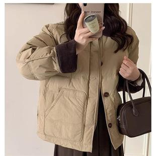 卡其色羽绒服女2025新款冬季小个子短款灯芯绒拼接撞色小香风外套