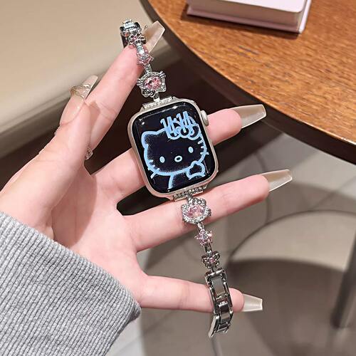 适用S11苹果Applewatch10手表猫爪闪钻金属链iwatch华为gt5/6表带