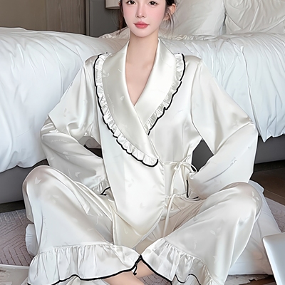 睡衣女款春秋冰丝新中式国风白色