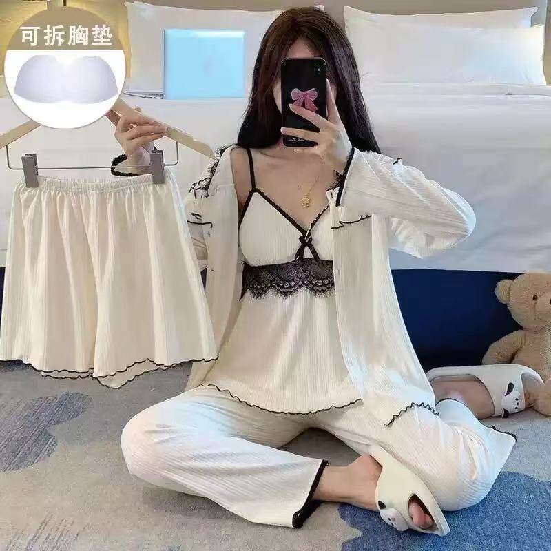 性感带胸垫睡衣女款冬季纯棉吊带蕾丝三四件套装春秋夏新款家居服