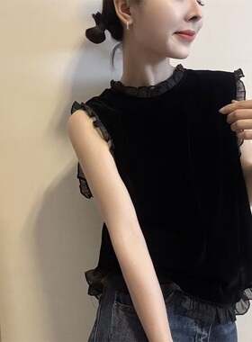 法式圆领蕾丝拼接无袖丝绒背心女2026夏季新款减龄百搭上衣32315