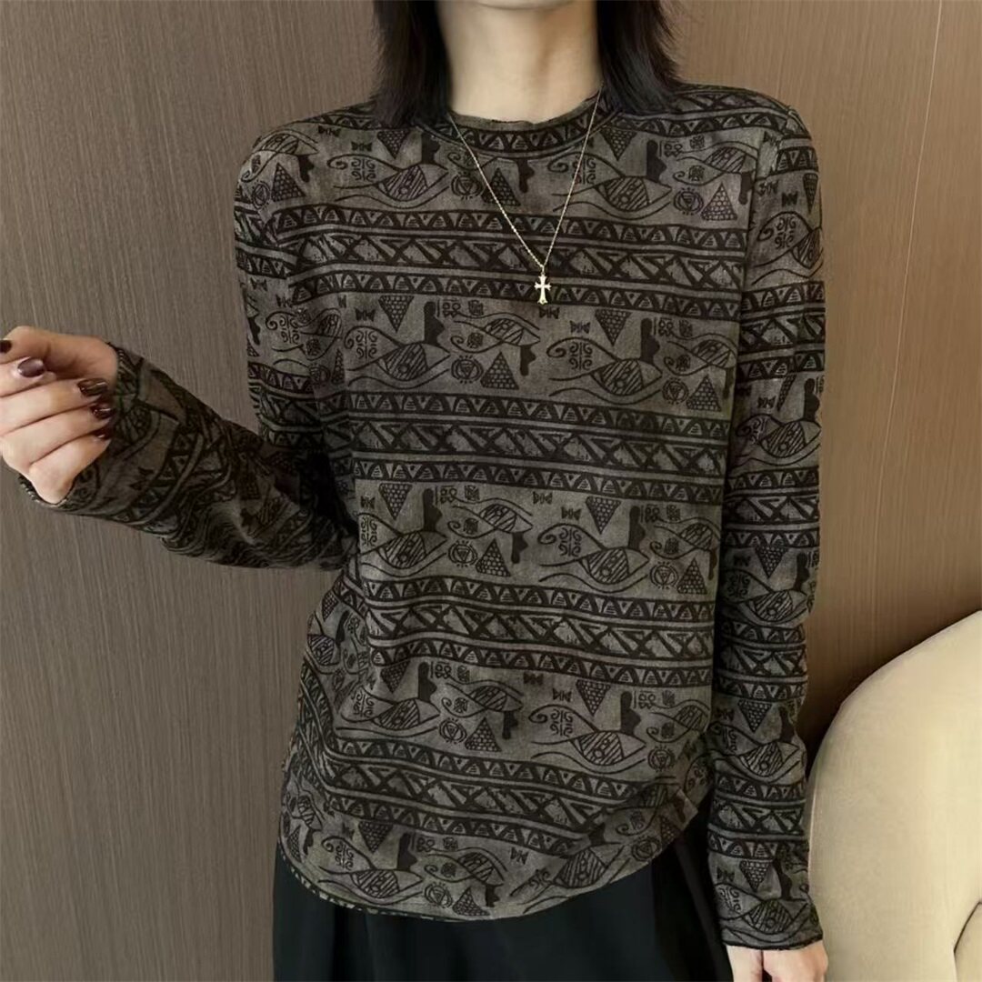 小众设计感几何图案长袖T恤女2026早秋款圆领打底衫时髦穿搭32920