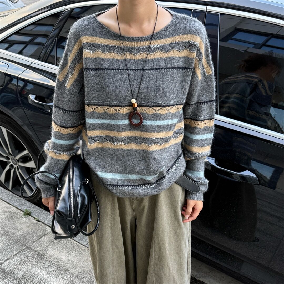慵懒风圆领撞色条纹毛衣女2026早秋款宽松长袖针织衫上衣ys93087