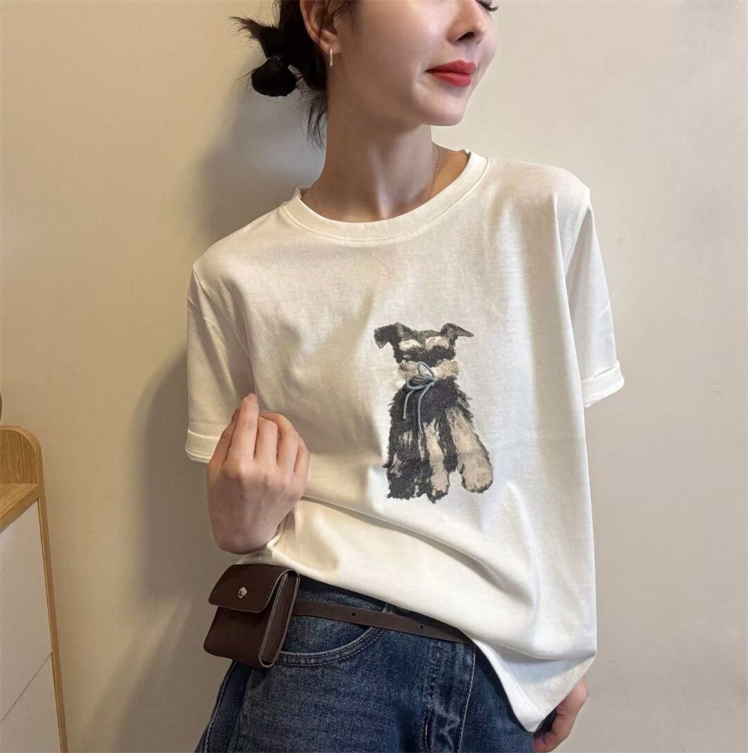 休闲风小狗印花白色短袖T恤女2026春季新款宽松百搭显瘦上衣