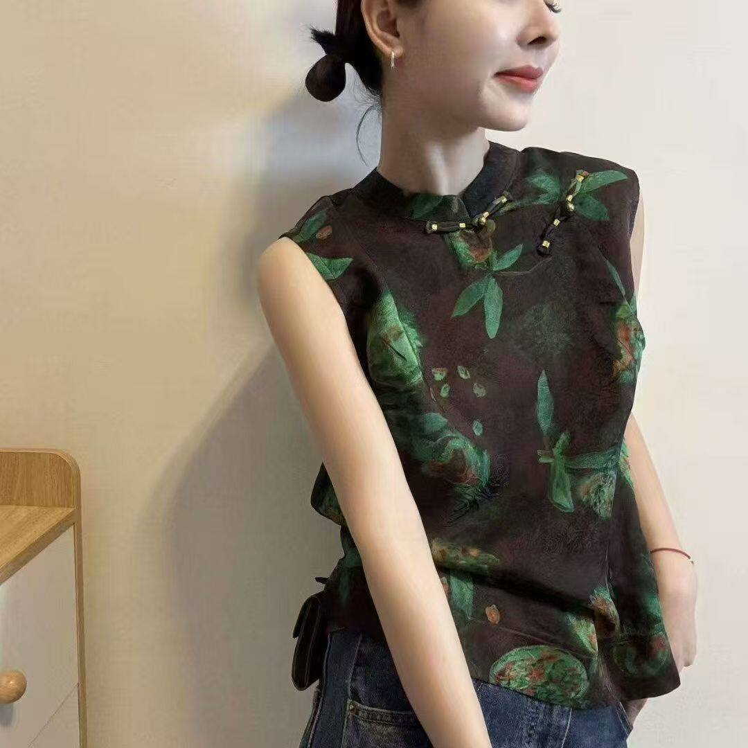 新中式立领盘扣印花无袖上衣女高级感修身小众气质国风小衫32552