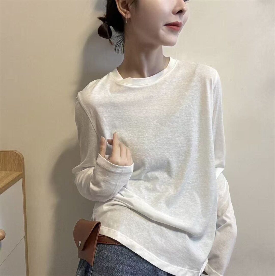 2026春季新款通勤圆领长袖T恤女白色宽松百搭显瘦打底衫上衣31318