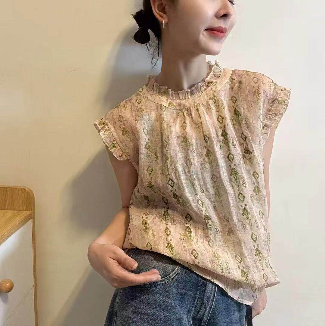 复古碎花短袖衬衫女2026夏季木耳边立领减龄百搭显瘦上衣32125-6