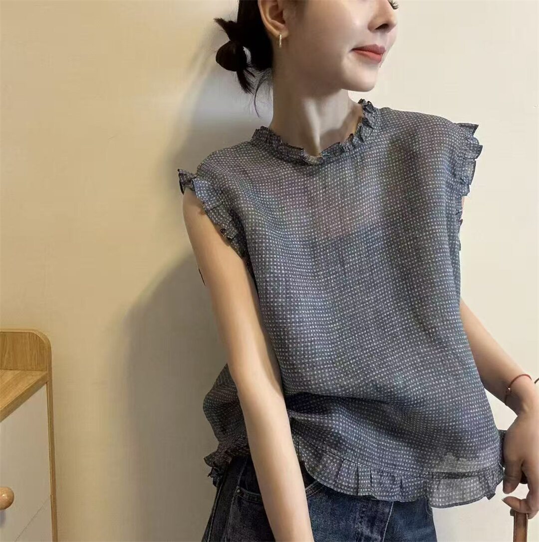 格子显瘦木耳边圆领短袖上衣女26夏季新款宽松百搭休闲衬衫32325